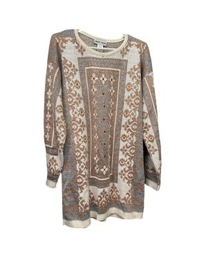 David David Vintage Cream and Brown Patterned Knit Sweater Dress